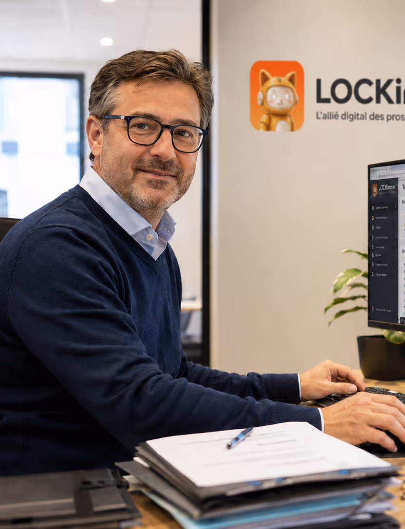 Gestionnaire LOCKimmo à son poste de travail devant le logo LOCKimmo