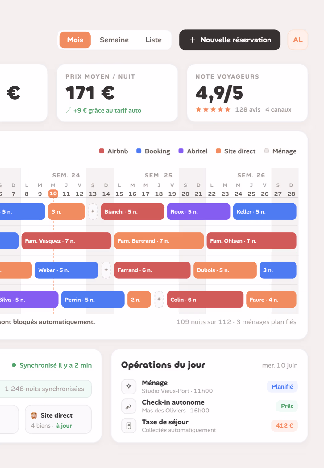 Planning de réservations LOCKimmo en location courte durée : disponibilités par semaine, canaux Airbnb, Booking et Abritel, prix moyen par nuit et note voyageurs