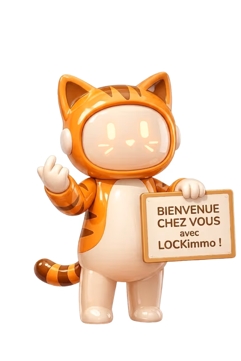 Mascotte LOCKimmo tenant une pancarte « Bienvenue chez vous »