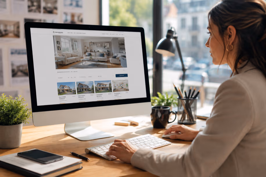 Professionnelle de l'immobilier consultant les annonces de son site web
