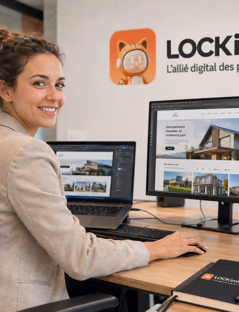 Collaboratrice d'agence immobilière consultant un site web d'agence à son poste de travail