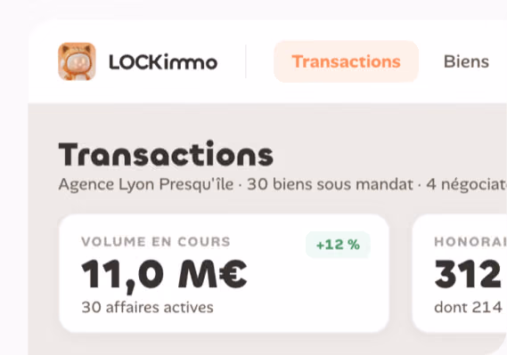 Tableau de bord transaction : volume en cours et honoraires d’une agence immobilière