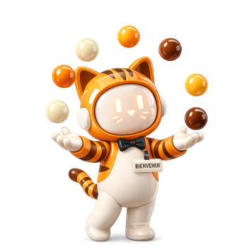 Mascotte chat LOCKimmo jonglant avec des billes colorées