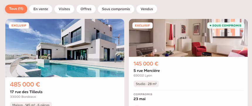 Portefeuille de biens LOCKimmo filtré par statut : en vente, visites, offres, sous compromis, vendus