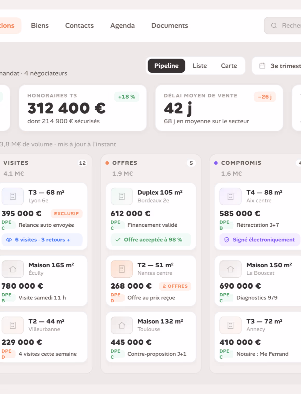 Pipeline de vente LOCKimmo : mandats, visites, offres et compromis suivis par étape