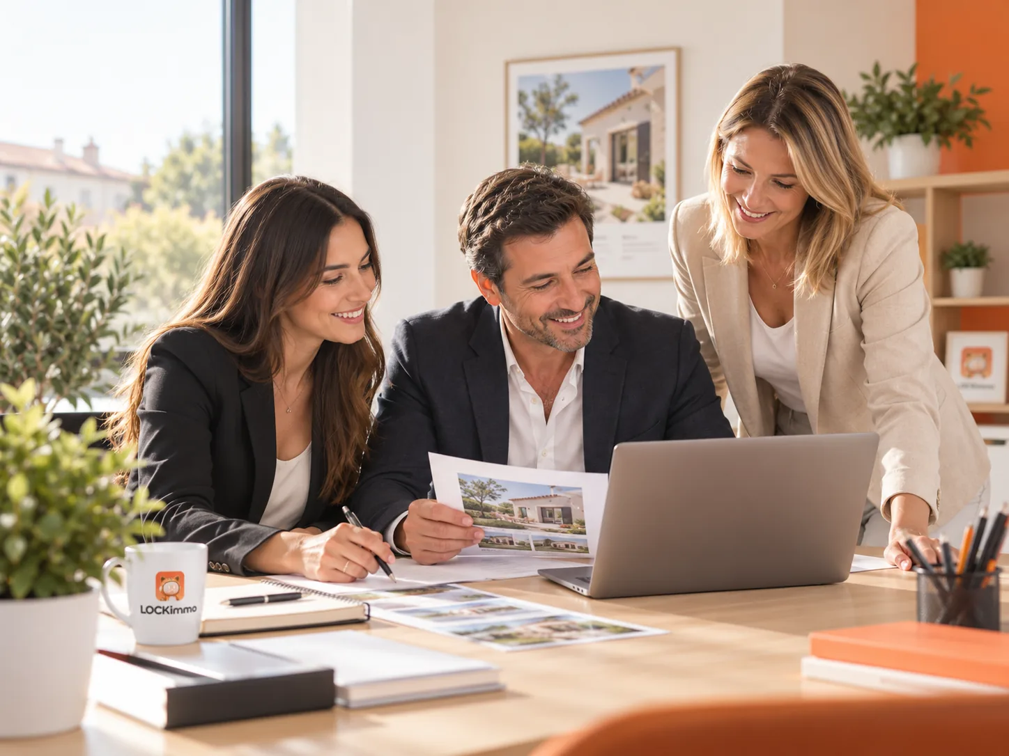 Équipe d’agence immobilière étudiant des annonces sur un ordinateur portable
