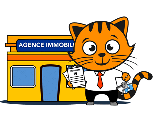 Illustration LOCKimmo : la mascotte devant une agence immobilière