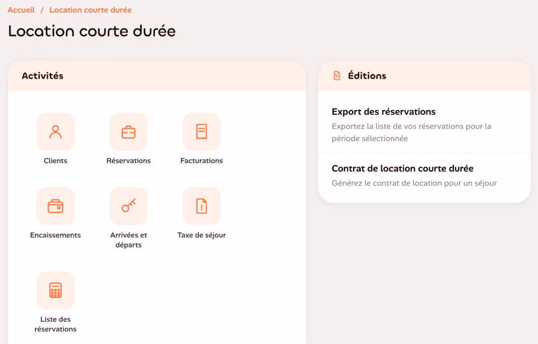 Écran Location courte durée de LOCKimmo, activités et éditions