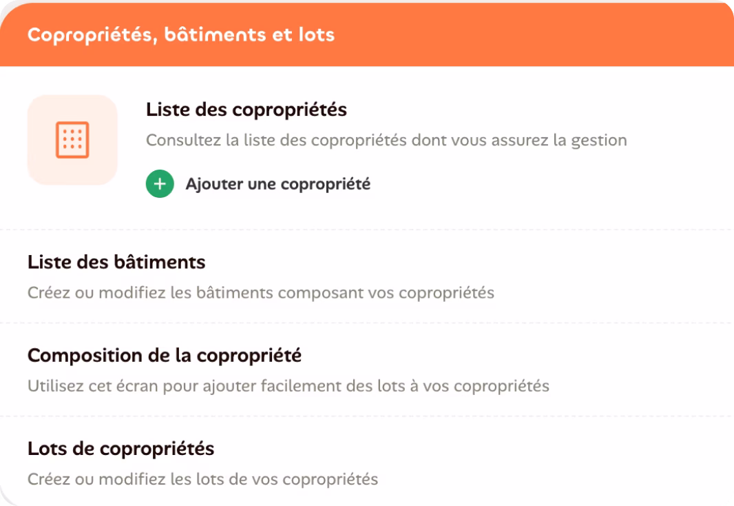 Menu Copropriétés, bâtiments et lots dans LOCKimmo