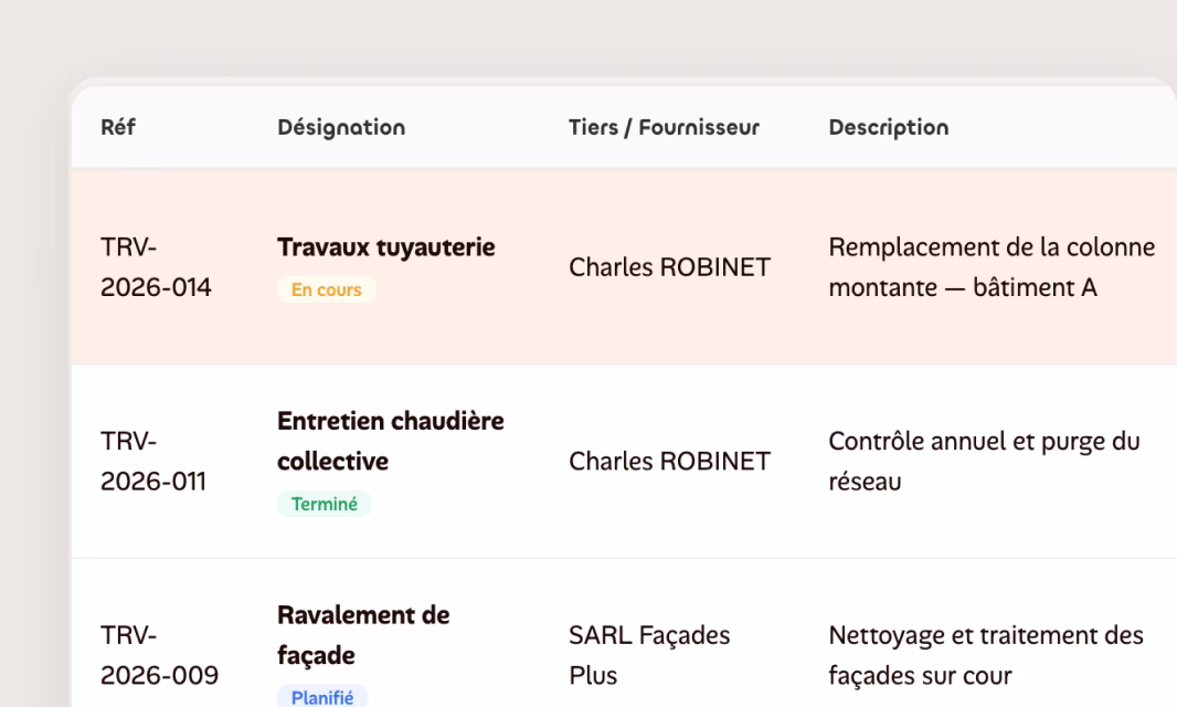Suivi des travaux d’une copropriété dans LOCKimmo, statuts et fournisseurs