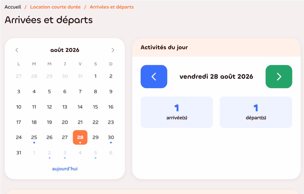 Écran Arrivées et départs de LOCKimmo avec calendrier des séjours