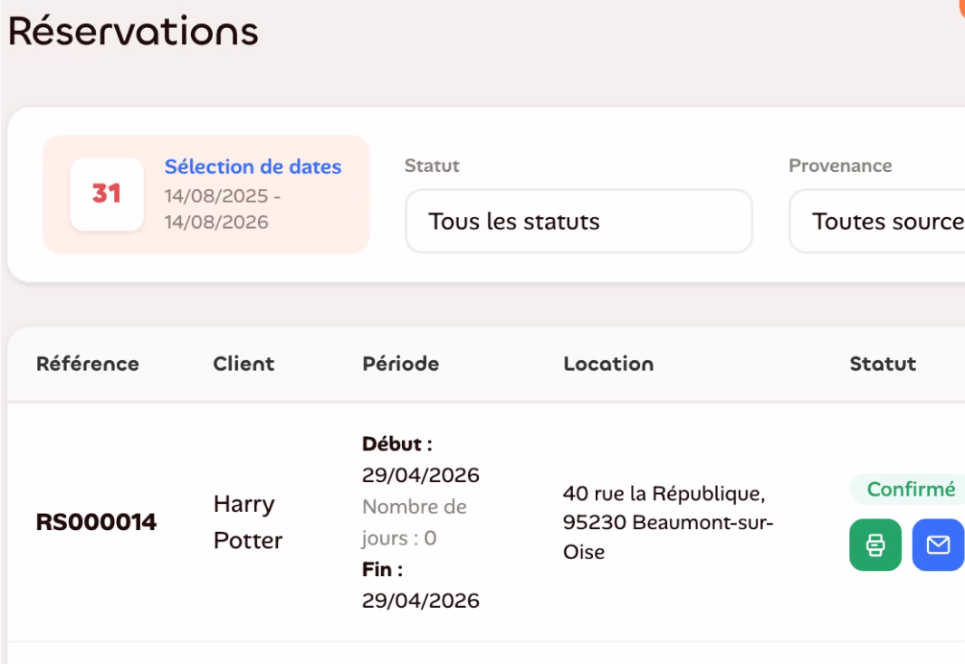 Écran Réservations de LOCKimmo listant les séjours et leurs statuts