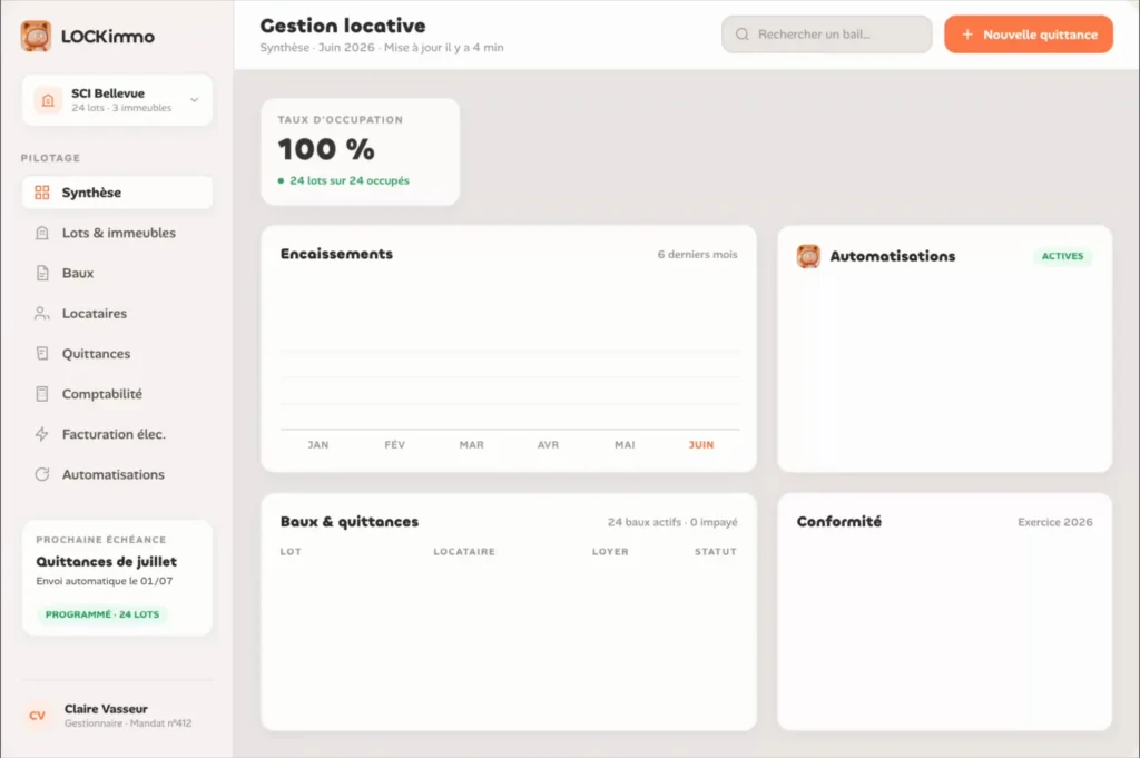 Tableau de bord Gestion locative de LOCKimmo, taux d’occupation à 100 %