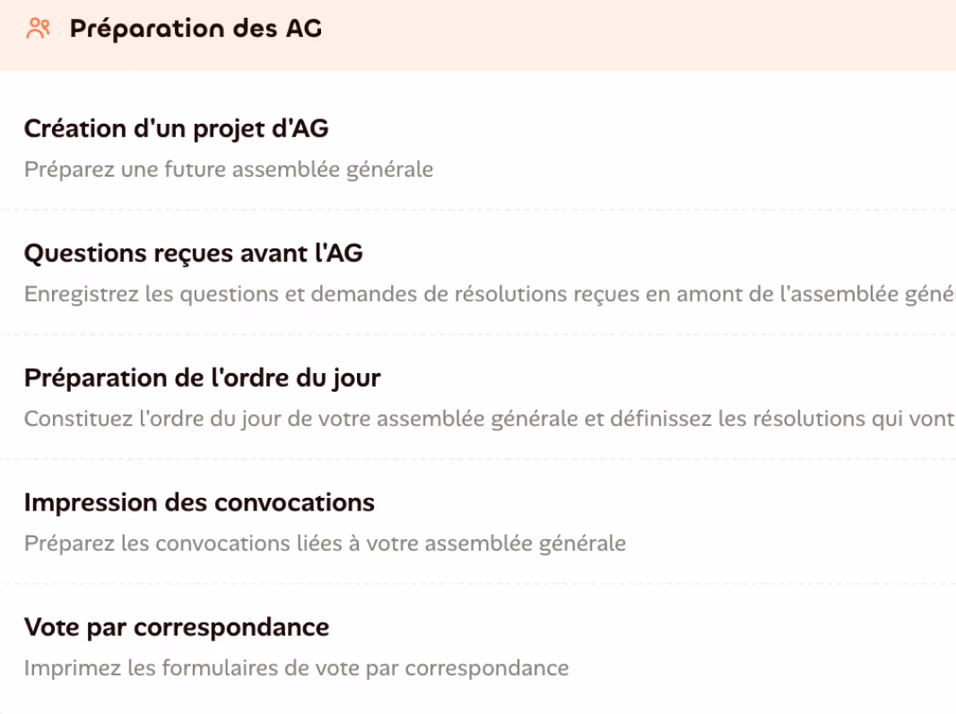 Menu Préparation des AG dans LOCKimmo : ordre du jour, convocations, votes